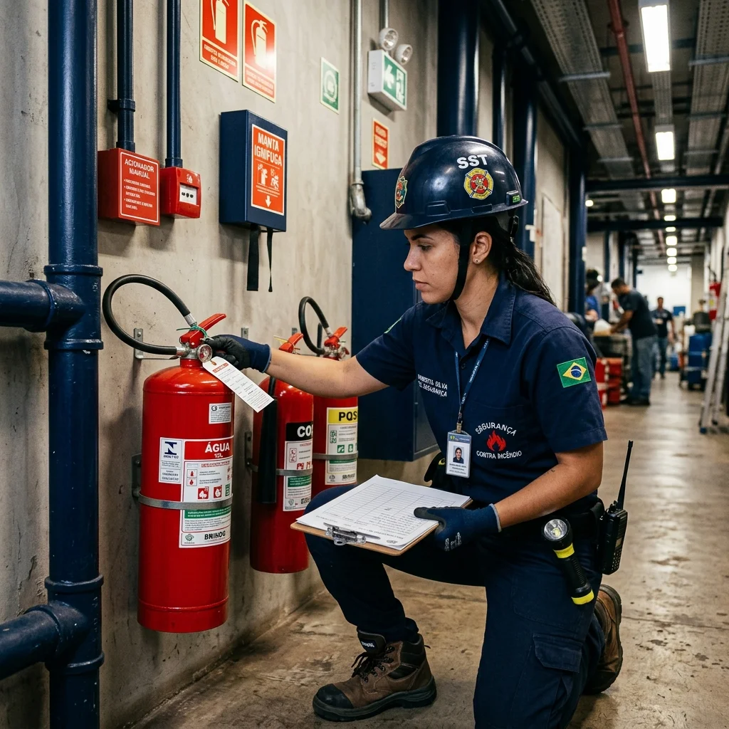 Técnico realizando inspeção de equipamentos de combate a incêndio